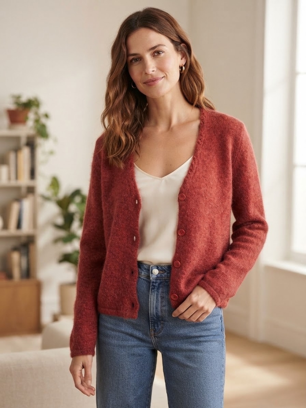 Olsen Rust Color Button Up Kid Mohair Blend Cardifan Size L